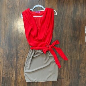 Red and tan short draping neck line dress